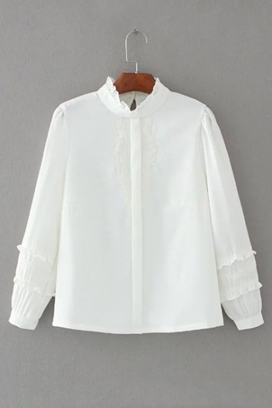 Embroidery Floral Pattern Stand-Up Collar Single Breasted Ruffle Long Sleeve Plain Blouse