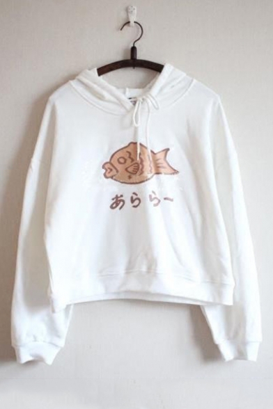Lovely Fish Pattern Long Sleeve Casual Loose Cropped Pullover Hoodie