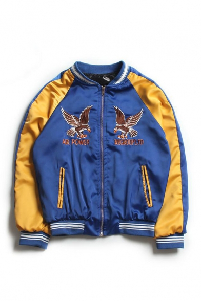 New Fashion Color Block Eagle Letter Embroidered Long Sleeve Casual Bomber Jacket