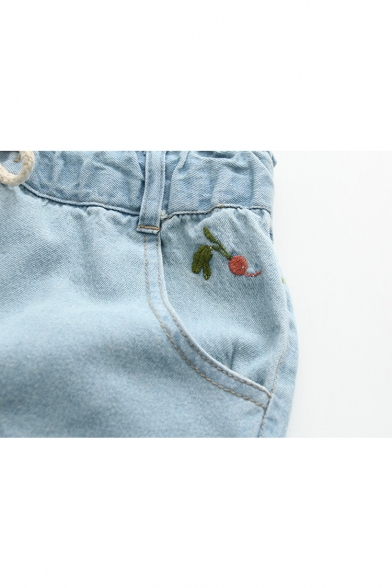 New Stylish Drawstring High Waist Embroidery Pattern Lace Cuffs Cropped Jeans
