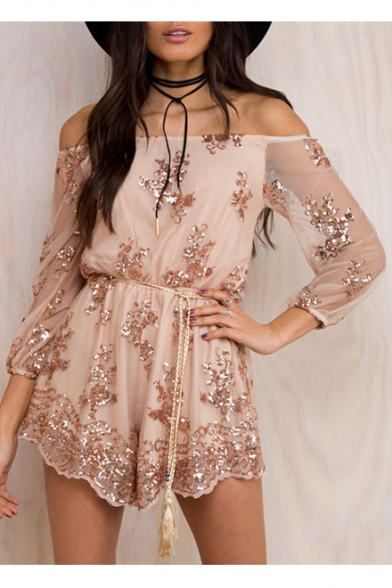 Sexy Off the Shoulder 3/4 Length Sleeve Mesh Patchwork Sequined Rompers