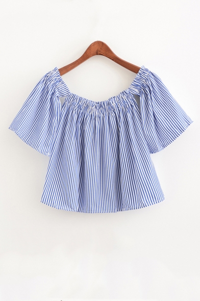 Sexy Off the Shoulder Striped Color Block Short Sleeve Cropped Blouse