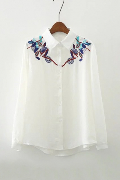 Tribal Embroidery Pattern Single Breasted Lapel Long Sleeve Button Down Shirt