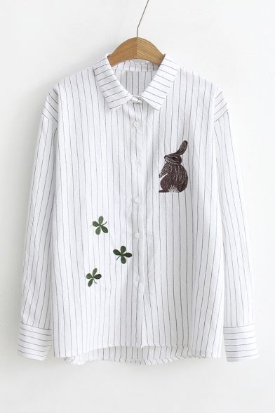 Women's Basic Lapel Collar Long Sleeve Rabbit Embroidered Buttons Down Dipped Hem Shirt