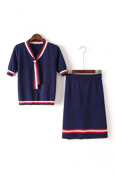 Color Block Striped Print V-Neck Bow Tie Half Sleeve Midi Skirt Knit Co-ords