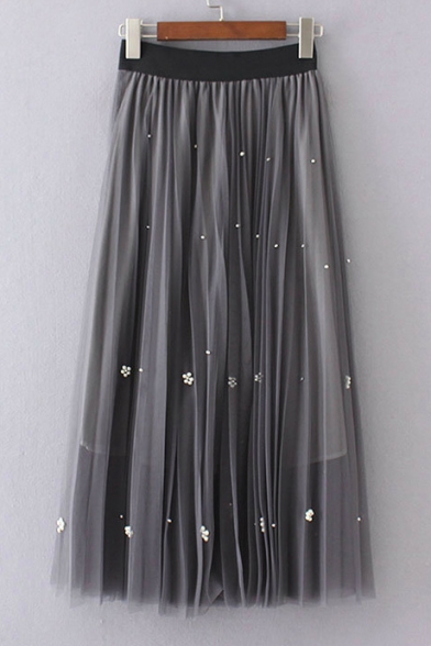 Elastic Waist Handwork Pearl Studded Gauze Puff Midi Skirt ...