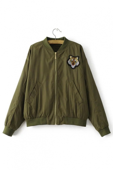 Embroidery Tiger Pattern Stand-Up Collar Zipper Placket Bomber Jacket