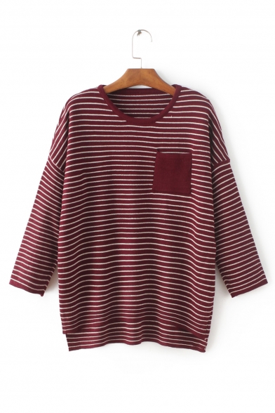 High Low Trim Striped Color Block Dropped Sleeve Round Neck Sweater with One Pocket