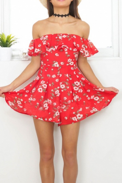 New Arrival Floral Print Off the Shoulder Ruffle Hem Rompers Shorts