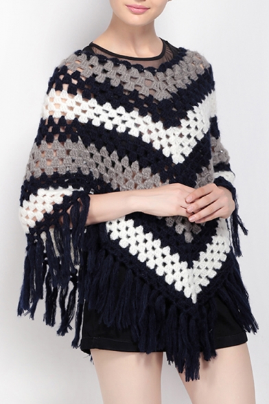 New Fashion Color Block Striped Hollow Out Tassel Trim Knit Cape Sweater