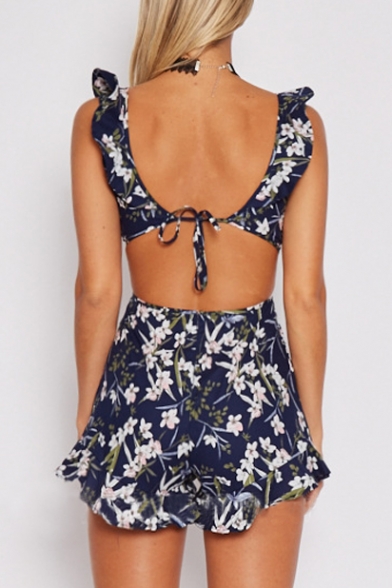 New Fashion Floral Print Plunge Neck Sleeveless Open Back Ruffle Trim Rompers