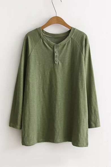 Round Neck Long Sleeve Buttons Down Front Casual Plain Pullover T-Shirt