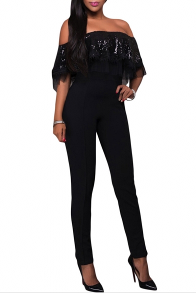 Sexy Off the Shoulder Sequined Ruffle Front Short Sleeve Plain Jumpsuit