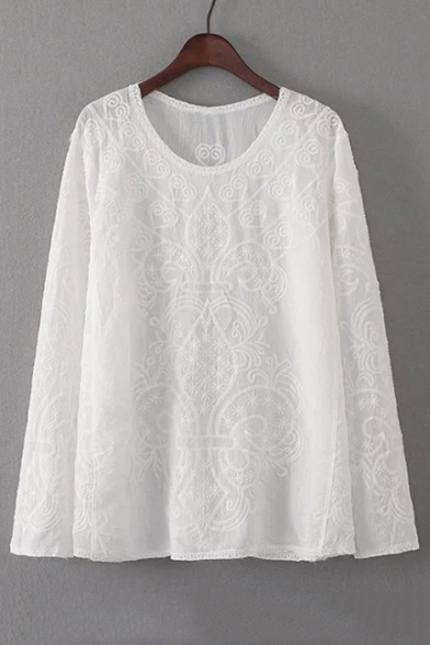 Spring New Fashion Round Neck Long Sleeve Lace Crochet Hollow Pullover Blouse