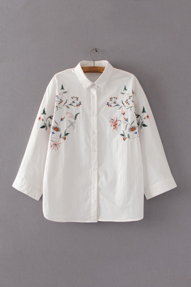 Symmetric Embroidery Floral Pattern 3/4 Length Sleeve Lapel Single Breasted Shirt