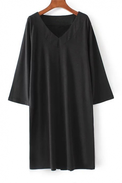 V-Neck 3/4 Length Sleeve New Arrival Plain Loose Shift Mini Dress