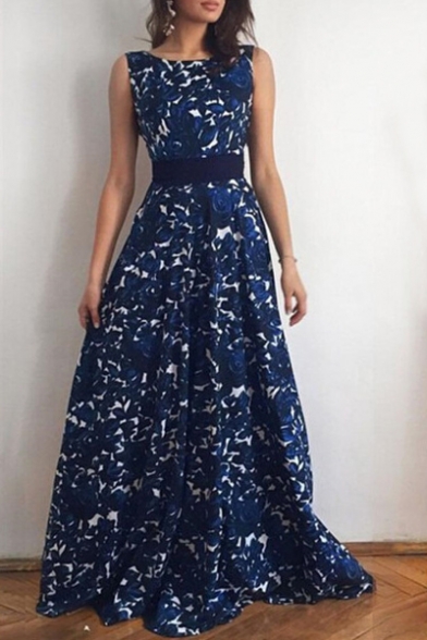 Women's Elegant Round Neck Sleeveless V Back Bow Waist Floral Print A-Line Maxi Dress