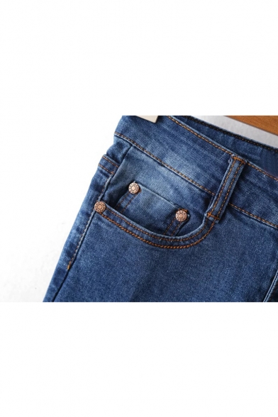 Women's High Waist Bell Destroyed Hem Plain Basic Jeans