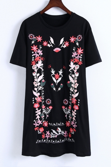 New Arrival Round Neck Short Sleeve Floral Embroidered Mini T-Shirt Dress