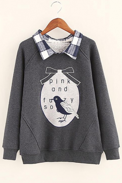 Bird Letter Print Fake Two-Piece Long Sleeve Lapel Collar Color Block Sweatshirt