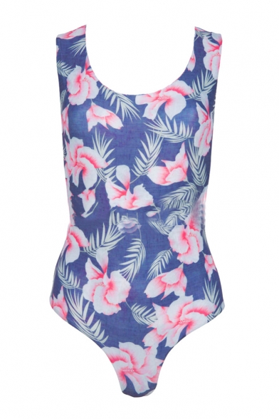 Fashion Floral Printed Color Block Scoop Neck Tank One Pieces
