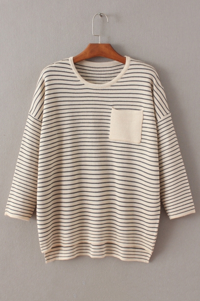 High Low Trim Striped Color Block Dropped Sleeve Round Neck Sweater with One Pocket