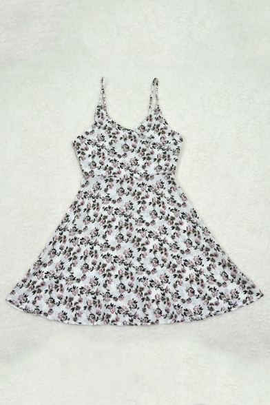 Hot Fashion Spaghetti Straps Floral Print Open Back Mini A-Line Slip Dress