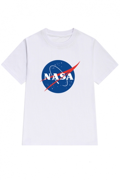 Loose NASA Logo Printed Short Sleeve Round Neck Tee Top