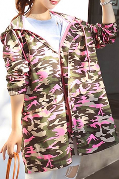 New Arrival Hooded Zip Placket Long Sleeve BF Style Camouflage Print Tunic Coat