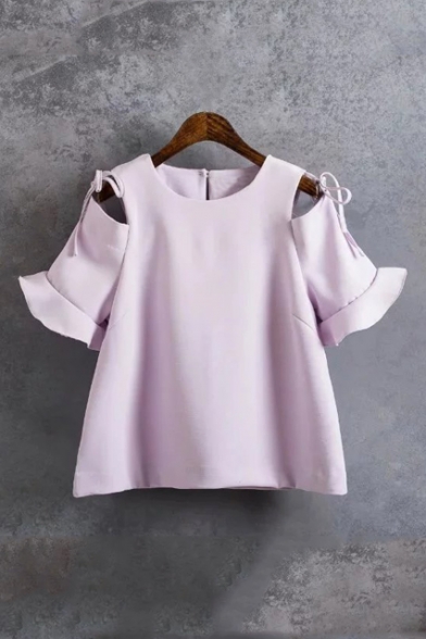 New Arrival Round Neck Ruffle Sleeve Cold Shoulder Ribbons Tie Shoulder Plain Swing Blouse