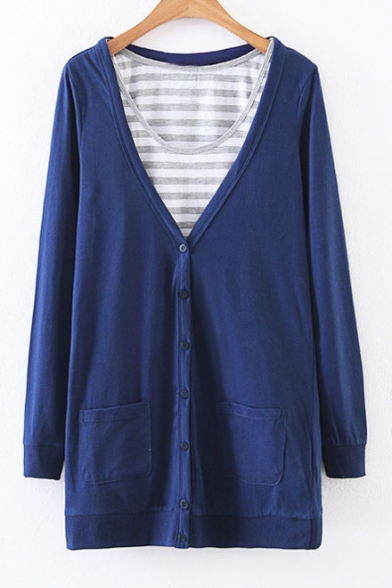 New Arrival Striped Print Cami Cardigan Two-Piece Single Breasted Long Sleeve Cardigan