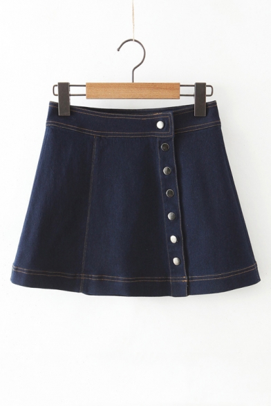 New Fashion Single Breasted Side Dark Wash Blue A-Line Mini Denim Skirt