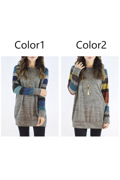 Trendy Striped Color Block Long Sleeve Round Neck Tunic Pullover Sweater