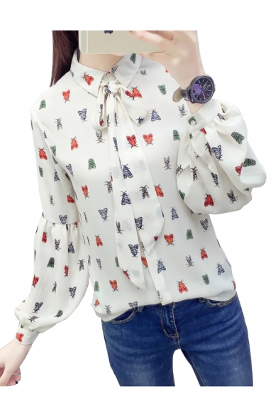 Women's Lapel Collar Long Sleeve Bow Tie Up Insect Pattern Buttons Down Chiffon Shirt