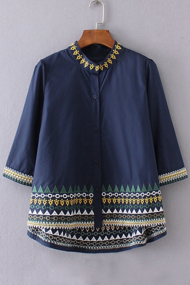 Embroidery Tribal Pattern Stand-Up Collar Single Breasted 3/4 Length Sleeve Shirt