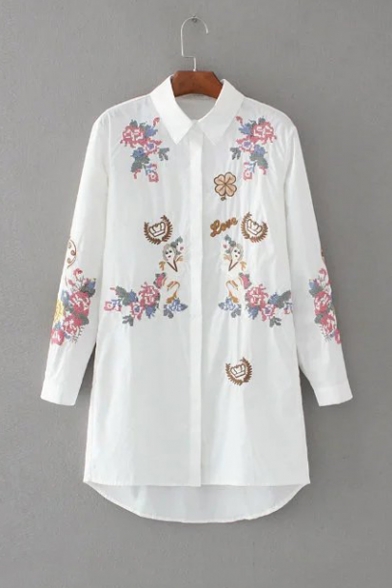 High Low Hem Embroidery Floral Angel Pattern Lapel Tunic Button Down Shirt