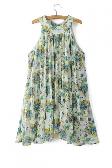 Loose Round Neck Sleeveless Floral Printed Midi Swing Dress