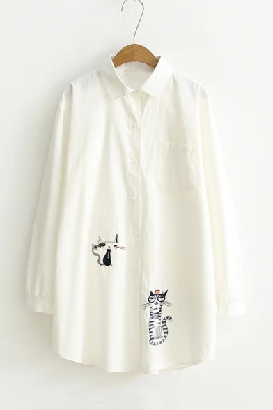 Lovely Cat Embroidery Lapel Collar Long Sleeve Asymmetrical Hem Buttons Down Tunic Shirt