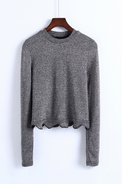 New Fashion Round Neck Long Sleeve Wave Trim Metal Silk Pullover Sweater