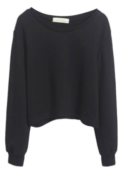 Plain Round Neck Long Sleeve Crop Top with Elbow Patch