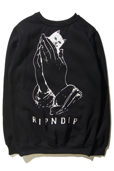 RIPNDIP Cartoon Cat Hand Printed Back Round Neck Pullover Sweatshirt with One Pocket