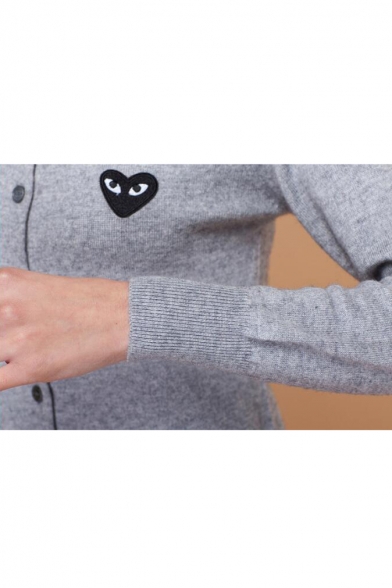 Round Neck Long Sleeve Women's Single Breasted Sweet Heart Print Knit Cardigan