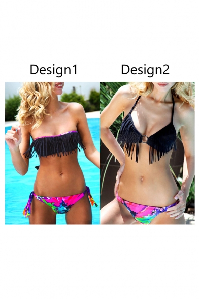 Sexy Bandeau Tassel Front Color Block Bikinis