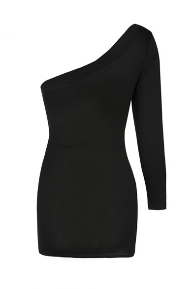 one shoulder long sleeve black dress