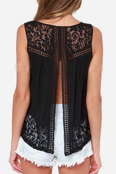 Summer's Lace Patched Crochet Round Neck Short Sleeve Hollow Out Back Tank Top