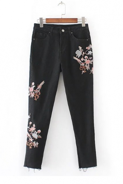 Zip Fly Floral Bird Embroidery Mid Waist Stretch Skinny Denim Pants