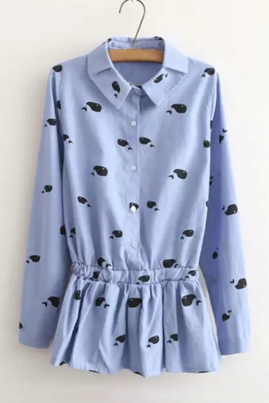 Elastic Waist Lapel Whale Printed Long Sleeve Button Down Shirt Dress