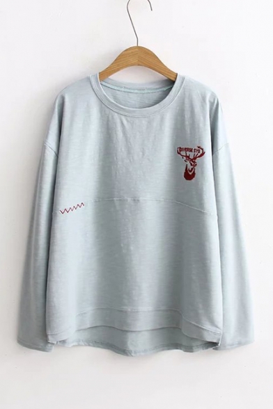 Embroidery Letter Deer Pattern Long Sleeve Round Neck T-Shirt