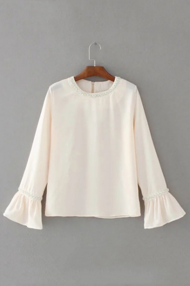 Fashion Studded Round Neck Flare Sleeve Zip Back Plain Nude Pink Pullover Blouse