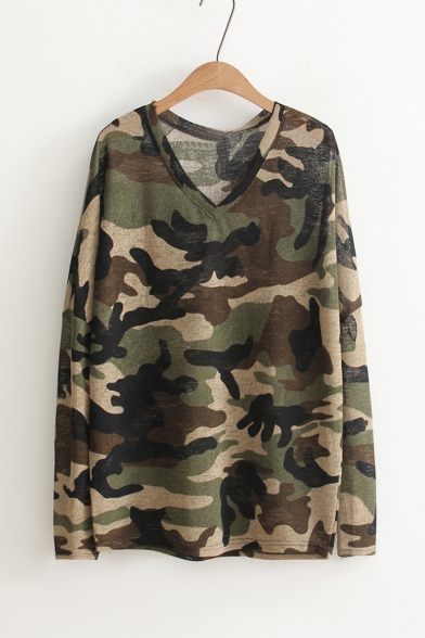 Fashion V-Neck Long Sleeve Camouflage Pattern Casual Loose Knit Pullover Sweater